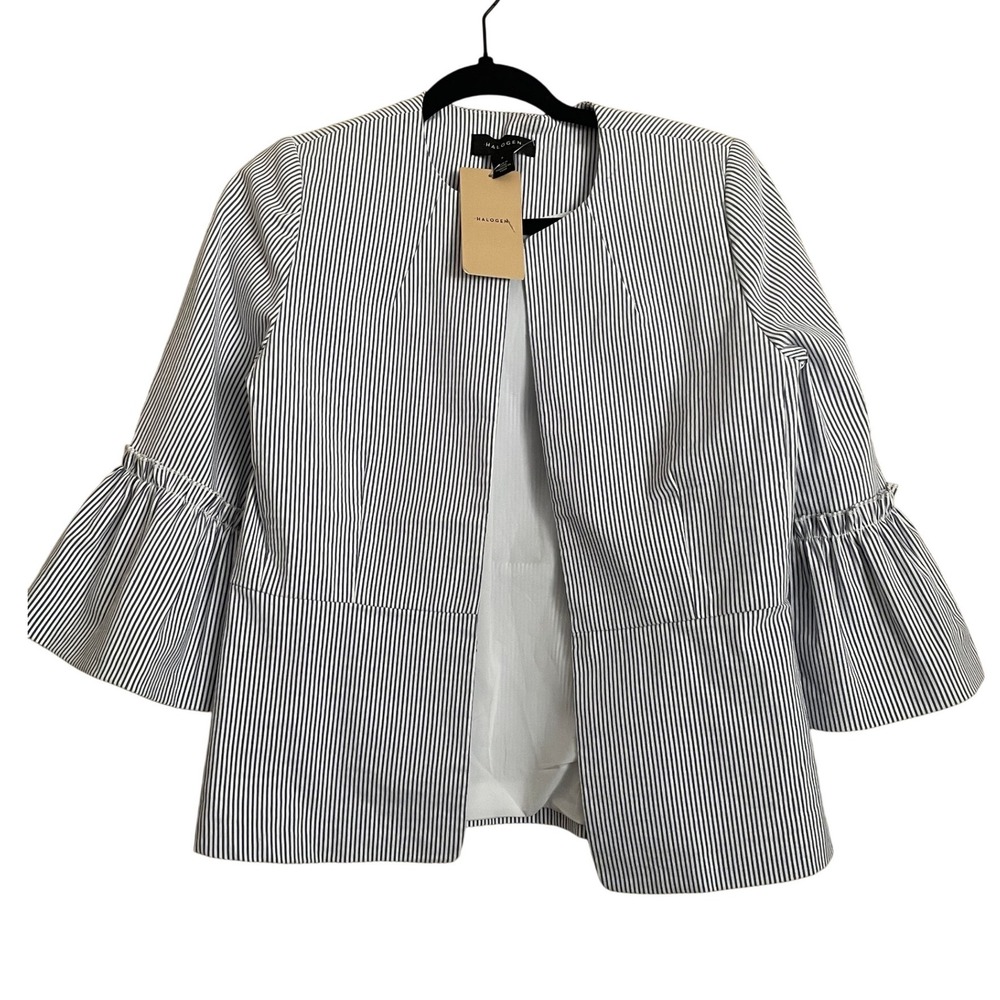 NWT Blue Striped Seersucker Bell Sleeve Open Blazer Jacket S‎ Coquette Preppy